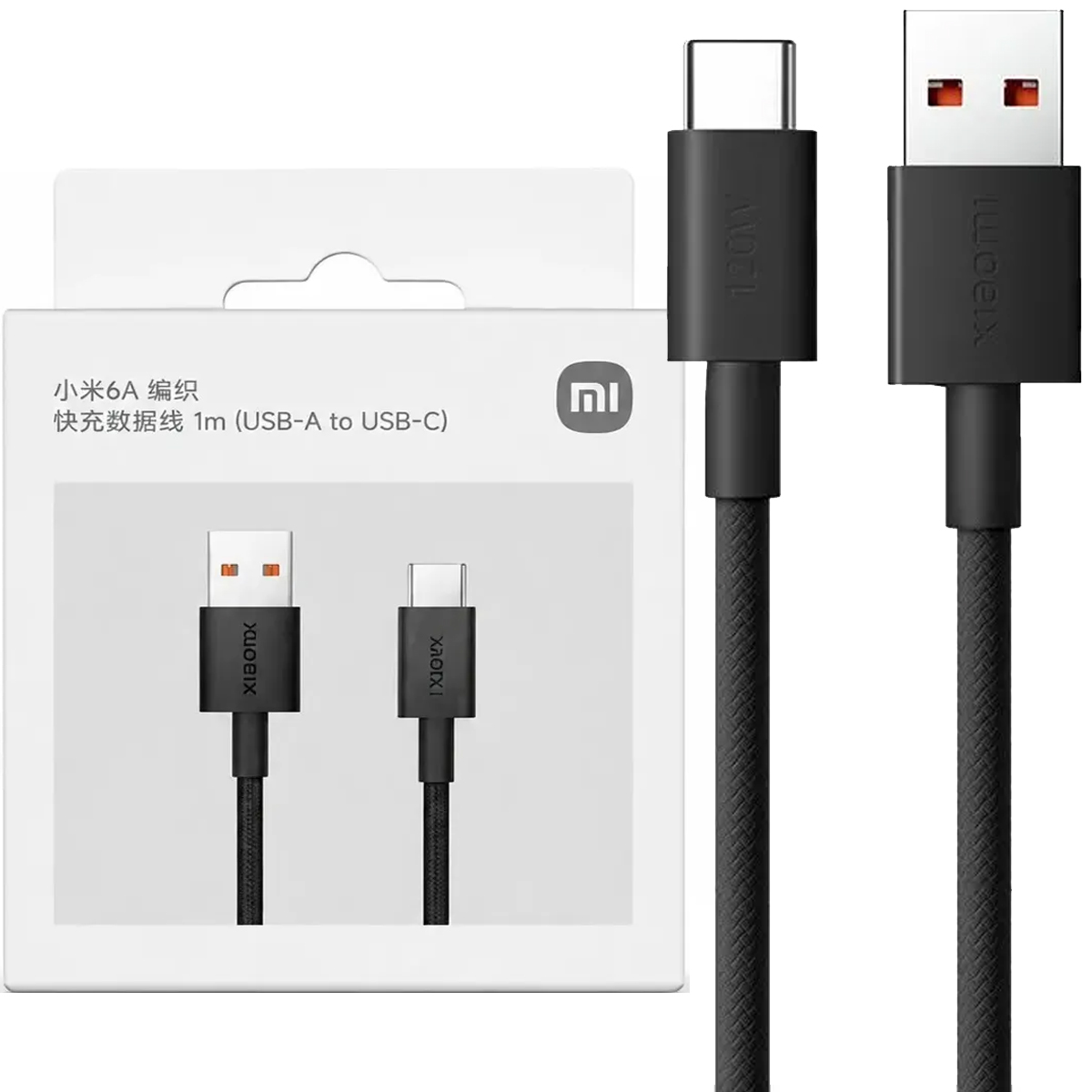 CABLE XIAOMI 6A USB-A A TIPO C NYLON TRENZADO 120W CARGA RÁPIDA NEGRO - 1