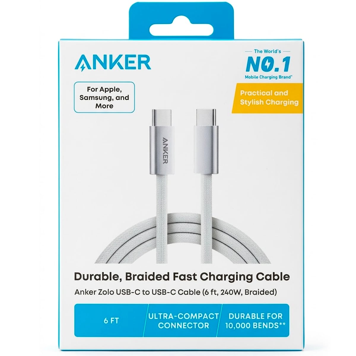 CABLE ANKER ZOLO 240W TIPO C A C PARA MACBOOK, IPAD PRO, IPHONE BLANCO - 2