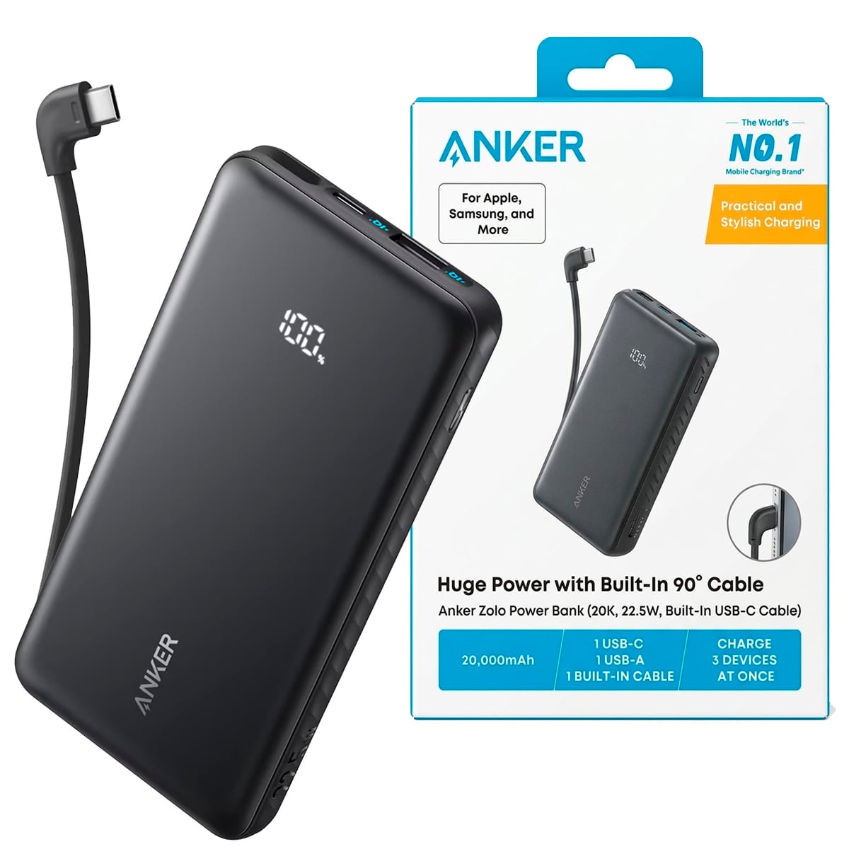 BATERÍA EXTERNA ZOLO (20.000 DE 22.5W CON CABLE USB-C INTEGRADO) - NEGRO - 1