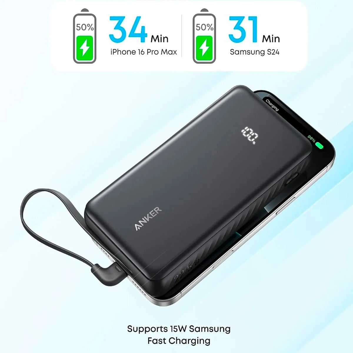 BATERÍA EXTERNA ZOLO (20.000 DE 22.5W CON CABLE USB-C INTEGRADO) - NEGRO - 3