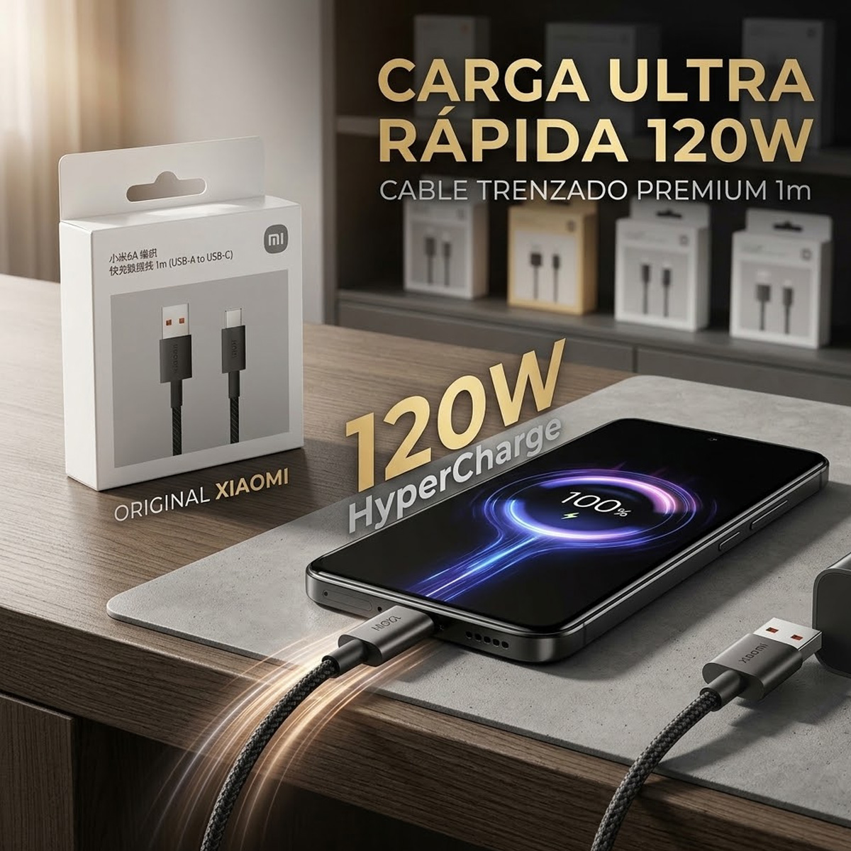 CABLE XIAOMI 6A USB-A A C 120W NYLON XIAOMI POCO F6 PRO, POCO F5 PRO - NEGRO - 5