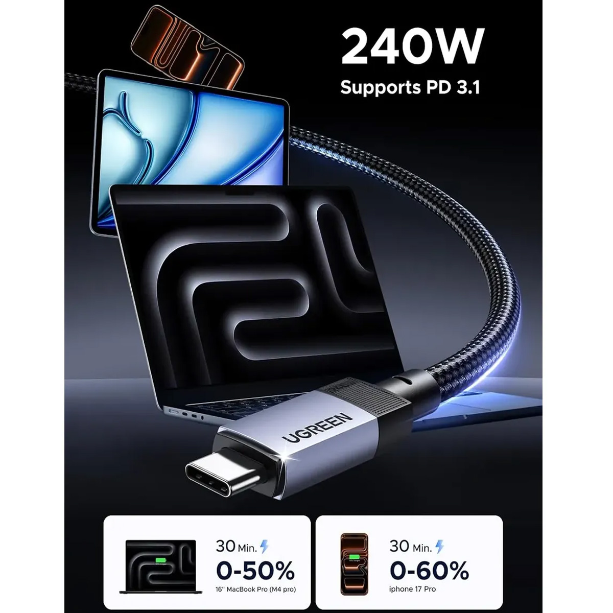 CABLE USB-C A USB-C UGREEN L701 240W 10GBPS 4K 60HZ 2M (95619) - 3
