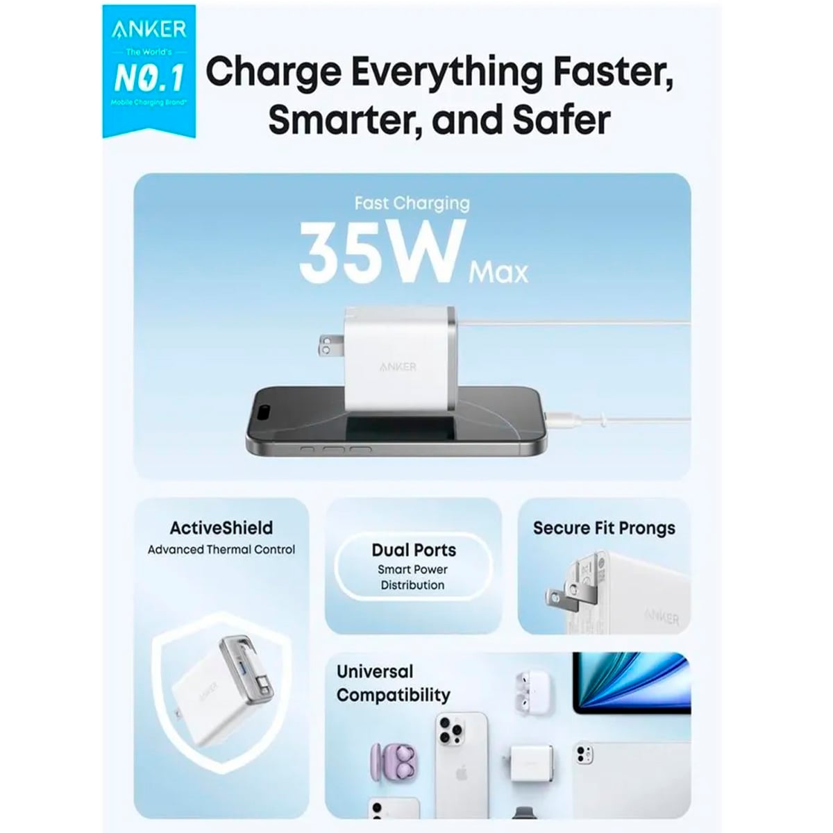 CARGADOR ANKER NANO 35W USB-C DISEÑO COMPACTO CARGA RÁPIDA GAN BLANCO - 4