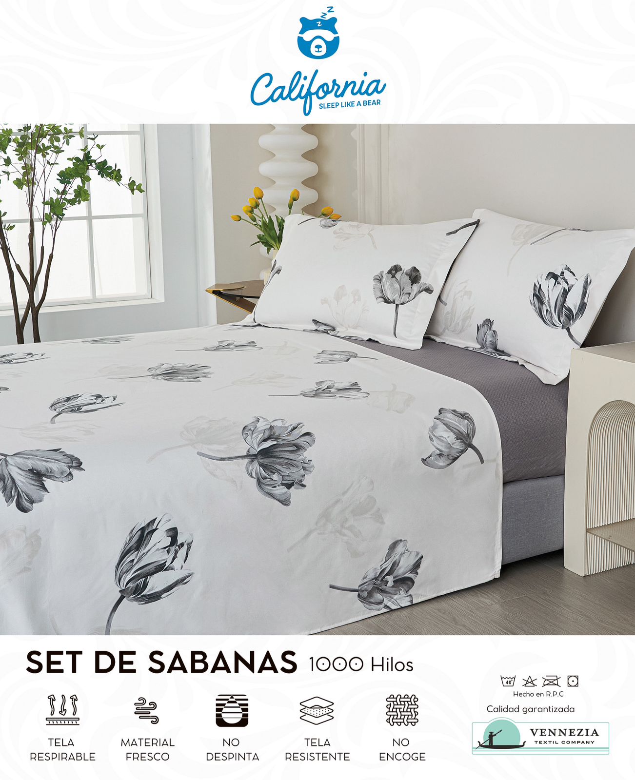 SET DE SABANAS CALIFORNIA 1000 HILOS PLAZA Y MEDIA 1.5 PLAZAS DISEÑOS SURTIDOS - 1