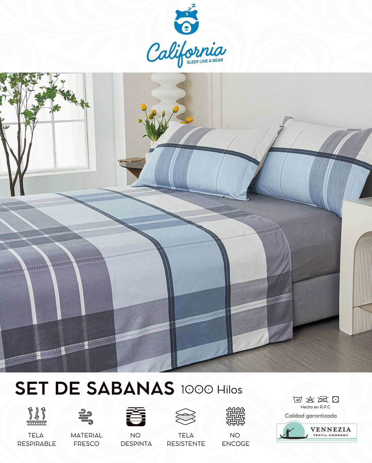 SET DE SABANAS 4 PIEZAS CALIFORNIA 1000 HILOS 2 PLAZAS DISEÑOS SURTIDOS - 1