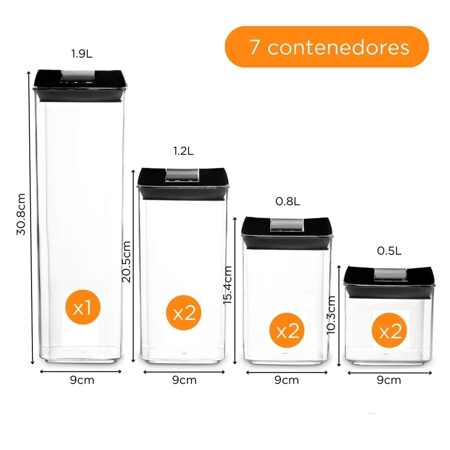SET DE 7 CONTENEDORES FRASCOS HERMÉTICOS TÁPERS DE COCINA NEGRO T64 - 2