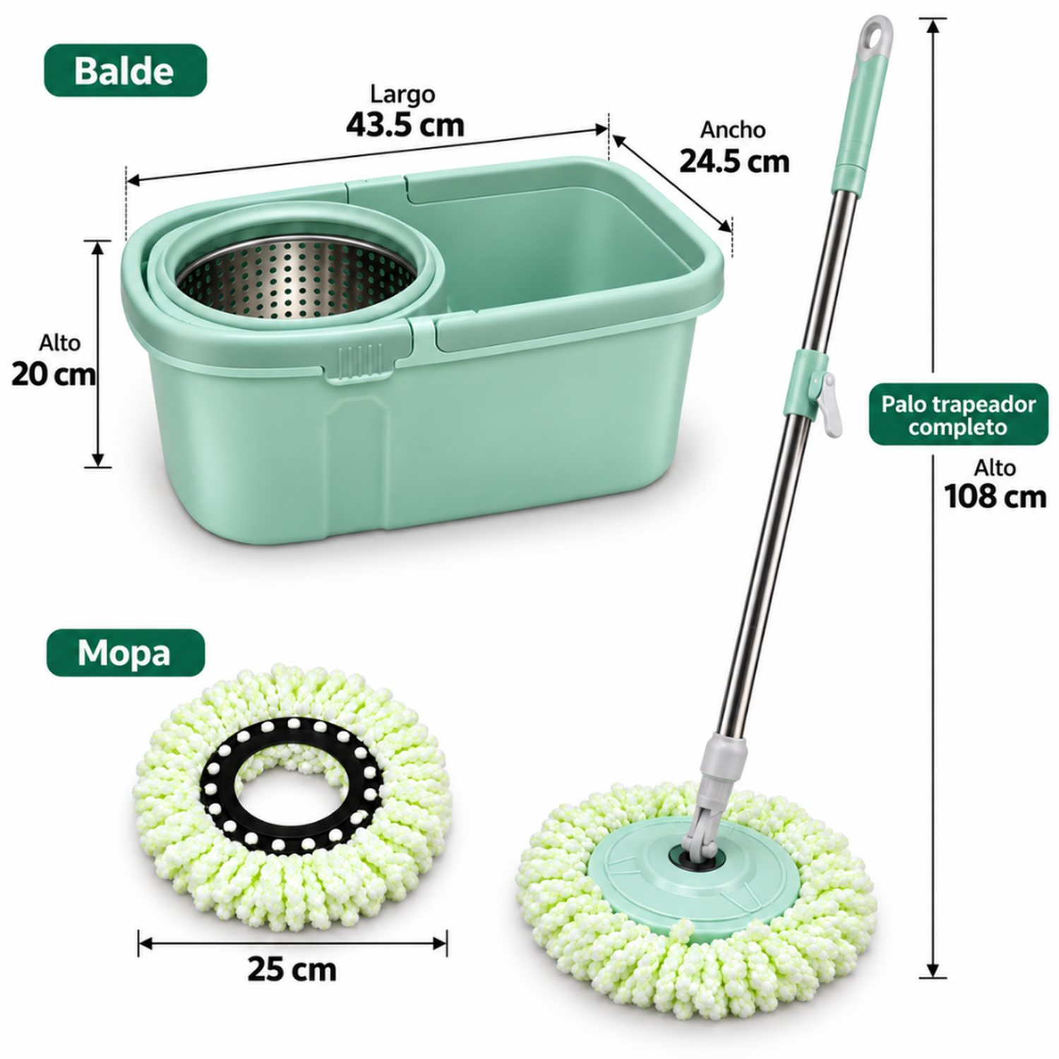 TRAPEADOR CENTRIFUGADOR CON BALDE ESCURRIDOR 360° VERDE T02V - 6