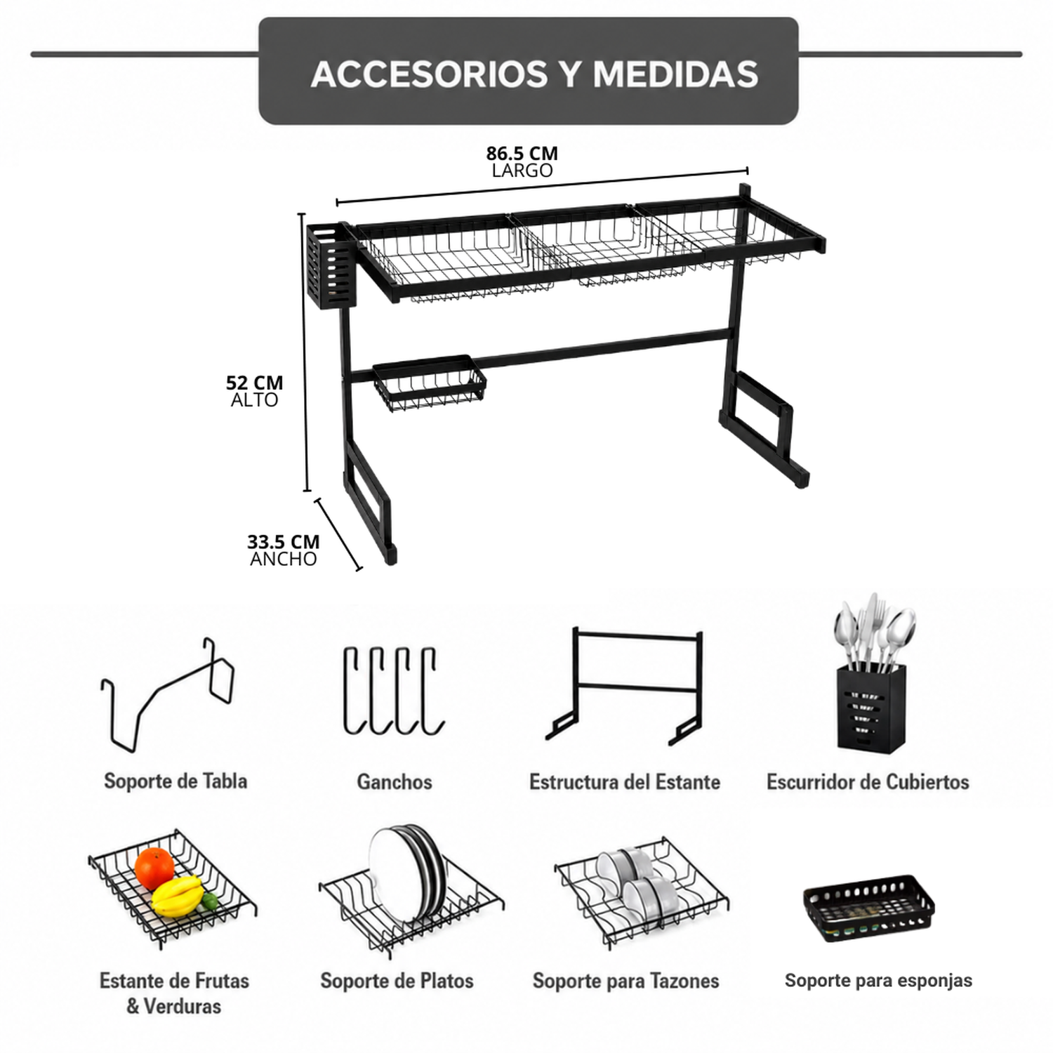 ESTANTE ORGANIZADOR ESCURRIDOR DE PLATOS PARA COCINA PREMIUM 85CM EP85 - 6