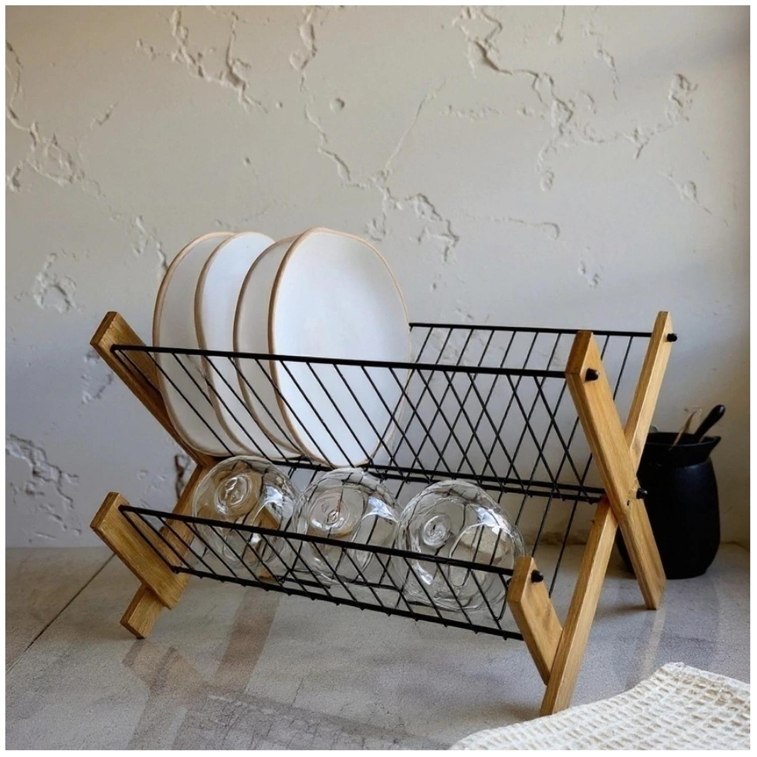 ESCURRIDOR ESTANTE ORGANIZADOR DE PLATOS PLEGABLE MADERA 10E - 2