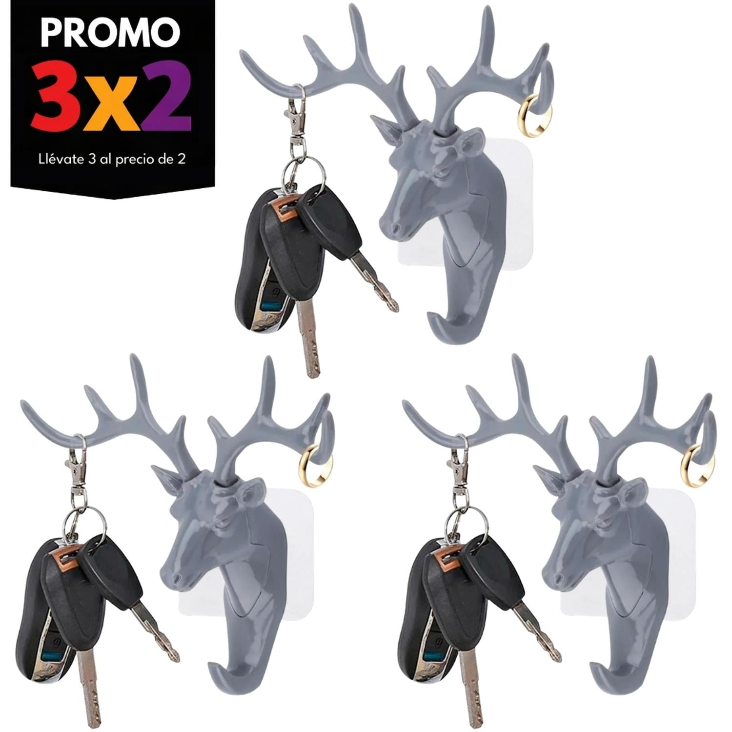PROMO 3X2 PORTA LLAVES GANCHO COLGADOR DE PARED CIERVO GRIS 434C - 1