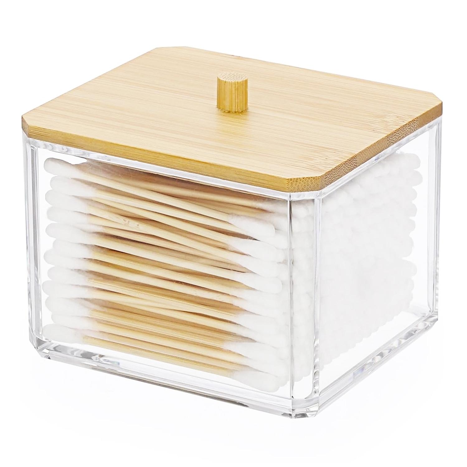 ORGANIZADOR ACRÍLICO DISPENSADOR DE HISOPOS TAPA DE MADERA A172 - 1
