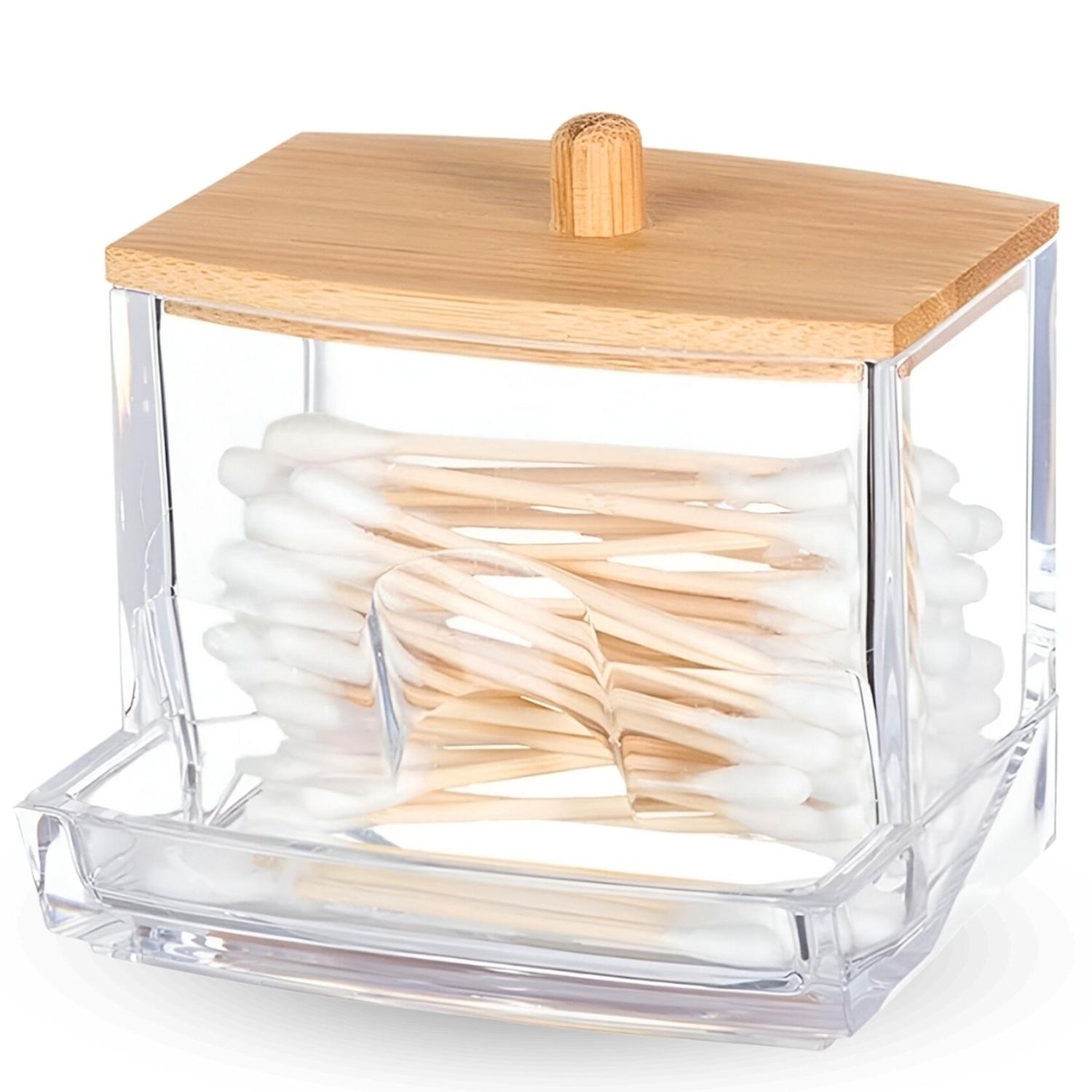 ORGANIZADOR ACRÍLICO DISPENSADOR DE HISOPOS TAPA DE MADERA A171 - 1