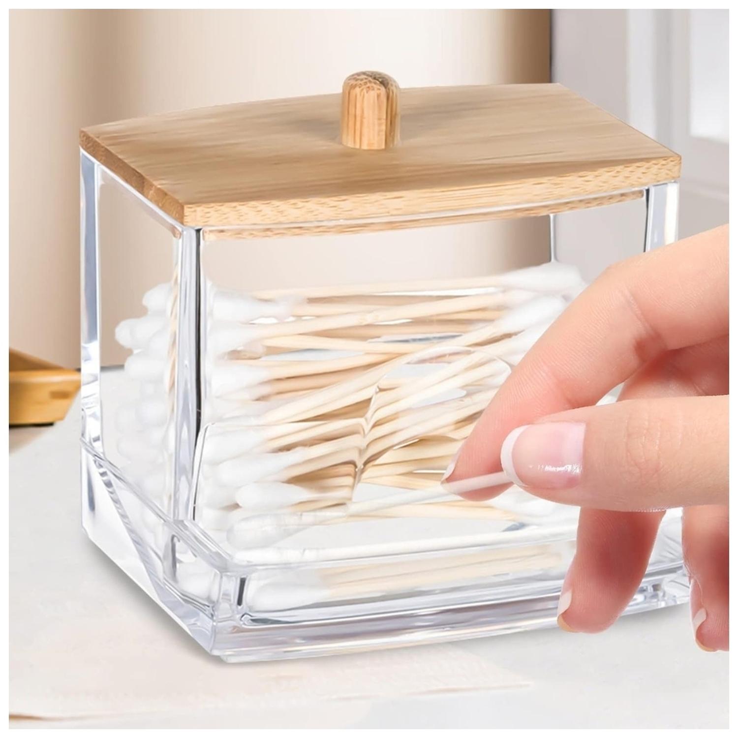 ORGANIZADOR ACRÍLICO DISPENSADOR DE HISOPOS TAPA DE MADERA A171 - 3