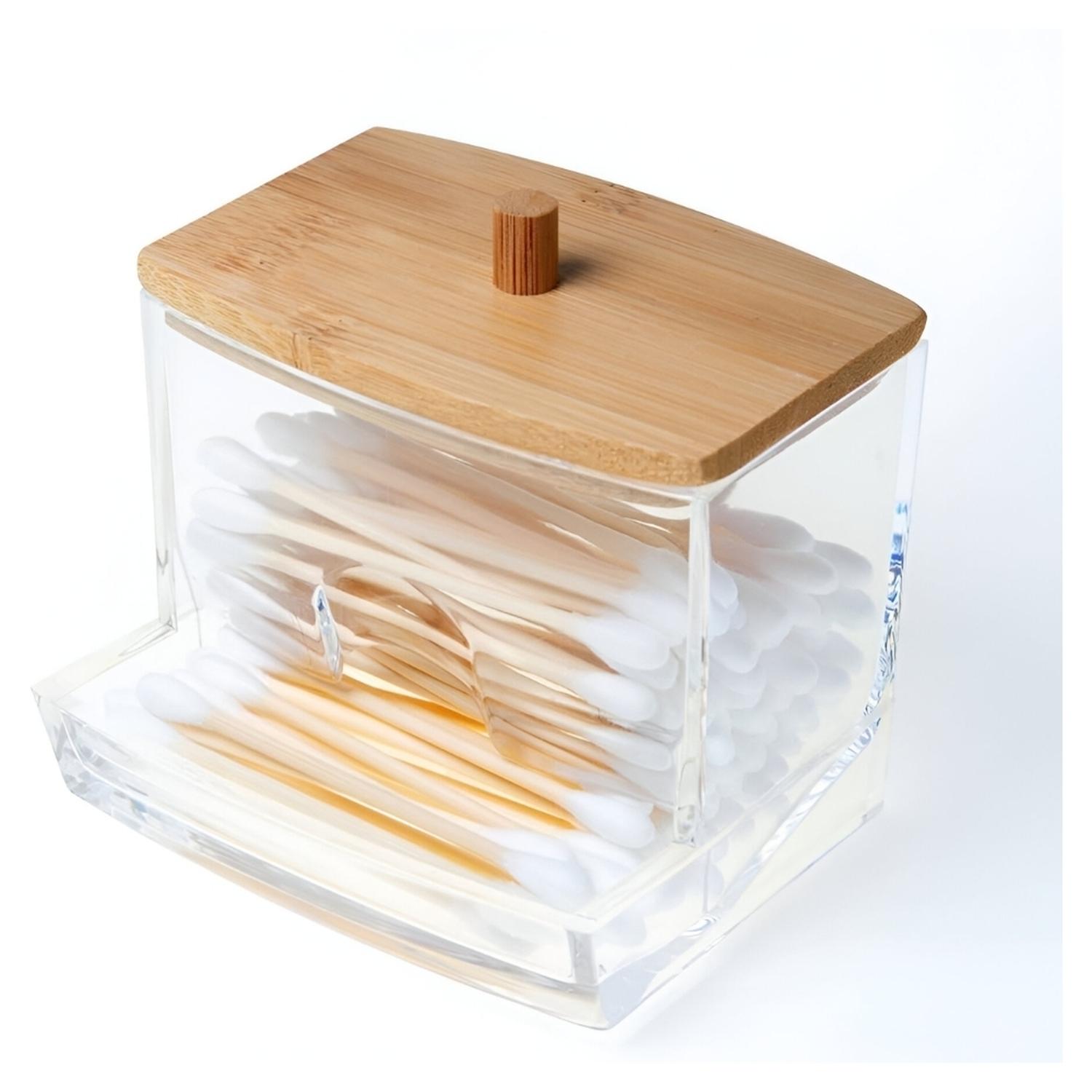 ORGANIZADOR ACRÍLICO DISPENSADOR DE HISOPOS TAPA DE MADERA A171 - 5