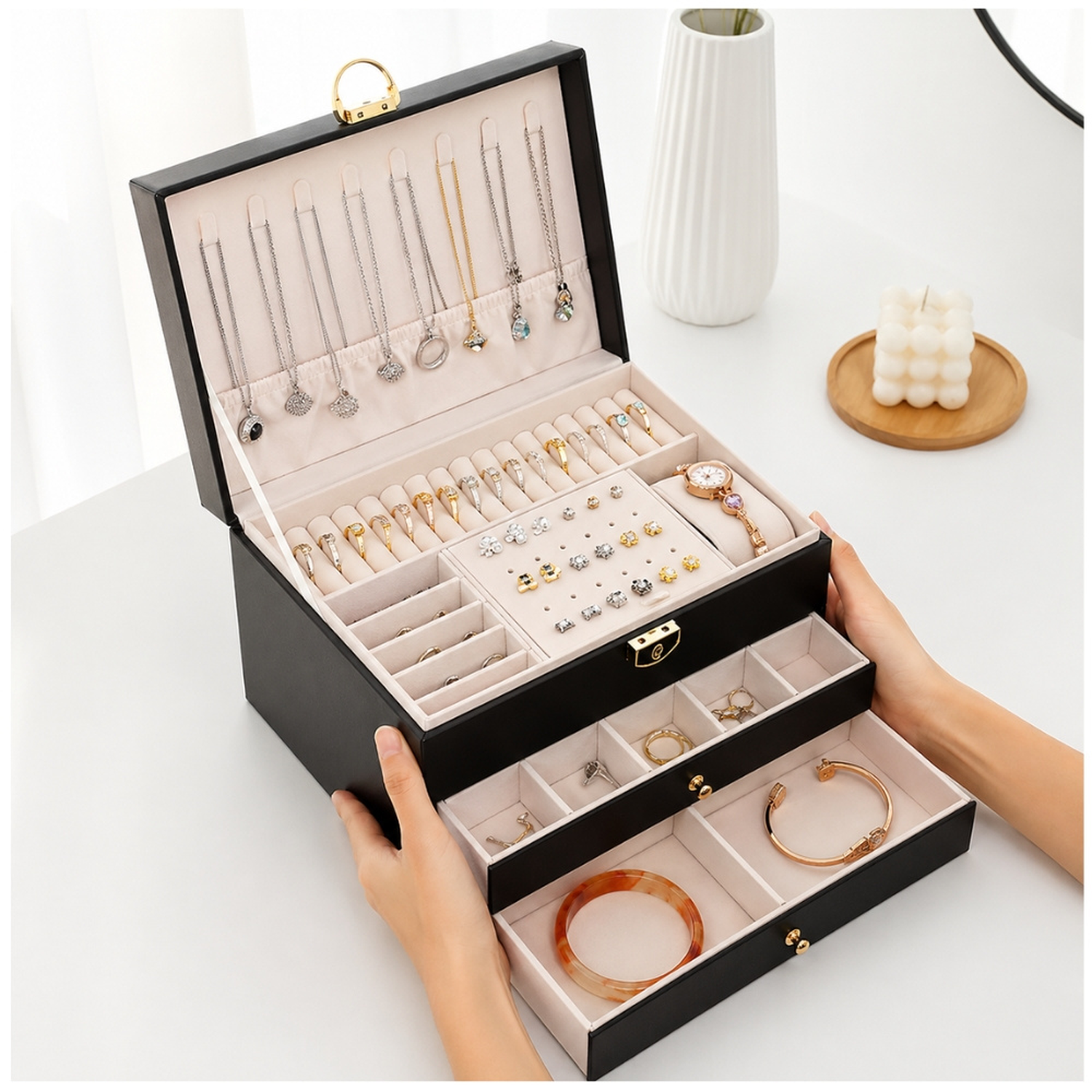 JOYERO COFRE ORGANIZADOR DE JOYAS RELOJ ANILLOS ARETES COLLARES J500 - COLOR ALEATORIO - 3