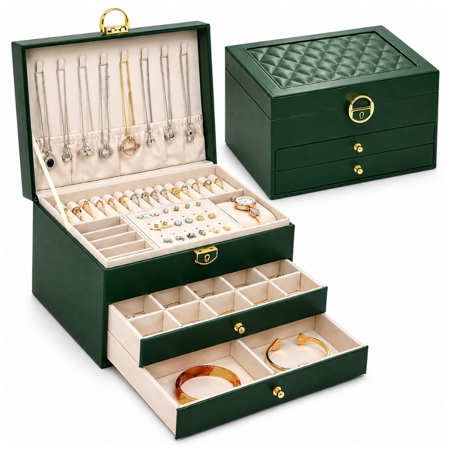 JOYERO COFRE ORGANIZADOR DE JOYAS RELOJ ANILLOS ARETES COLLARES VERDE J500 - 1