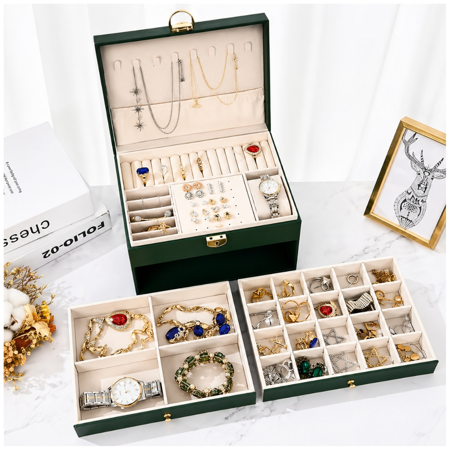 JOYERO COFRE ORGANIZADOR DE JOYAS RELOJ ANILLOS ARETES COLLARES VERDE J500 - 2