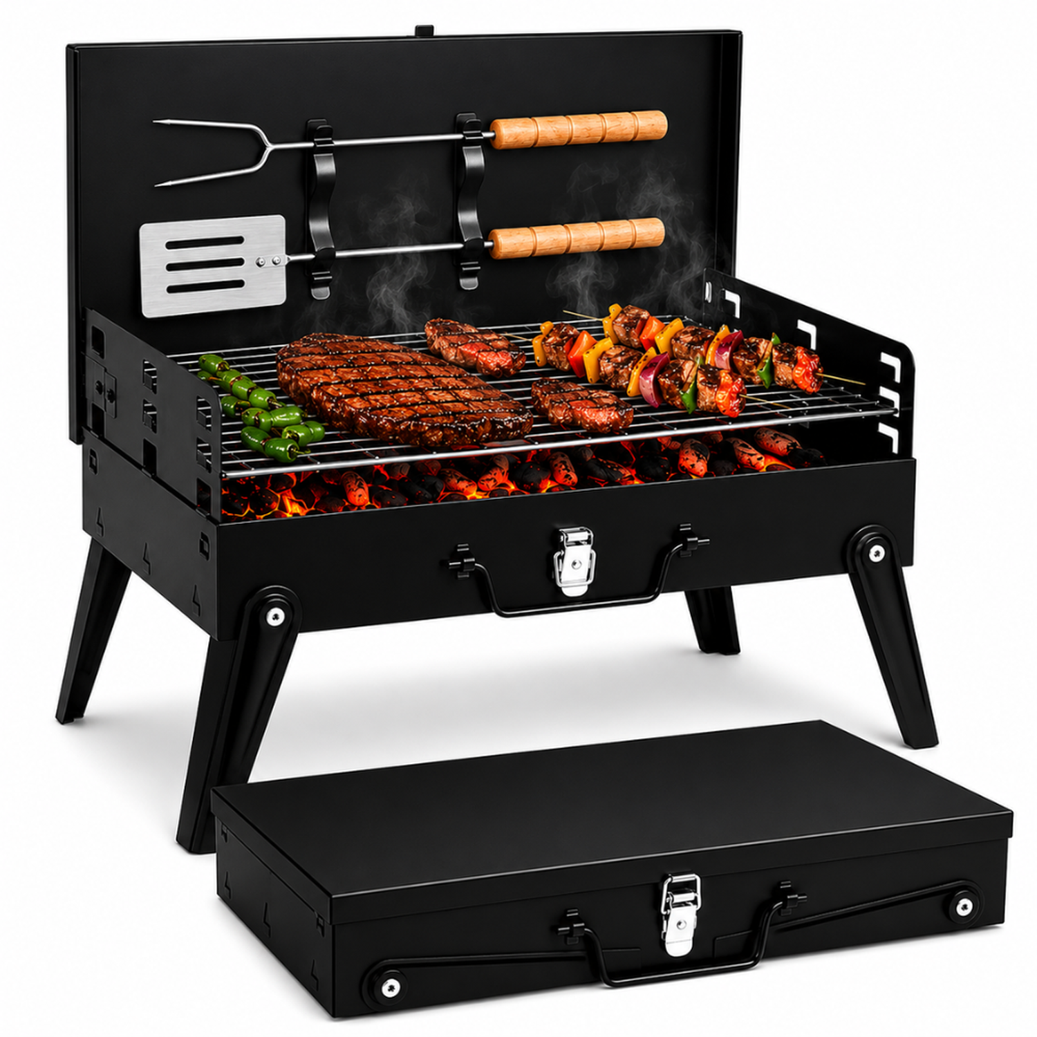 PARRILLA DE CARBÓN BBQ BARBACOA PLEGABLE PORTÁTIL TIPO MALETÍN CON UTENSILIOS PP19 - 1