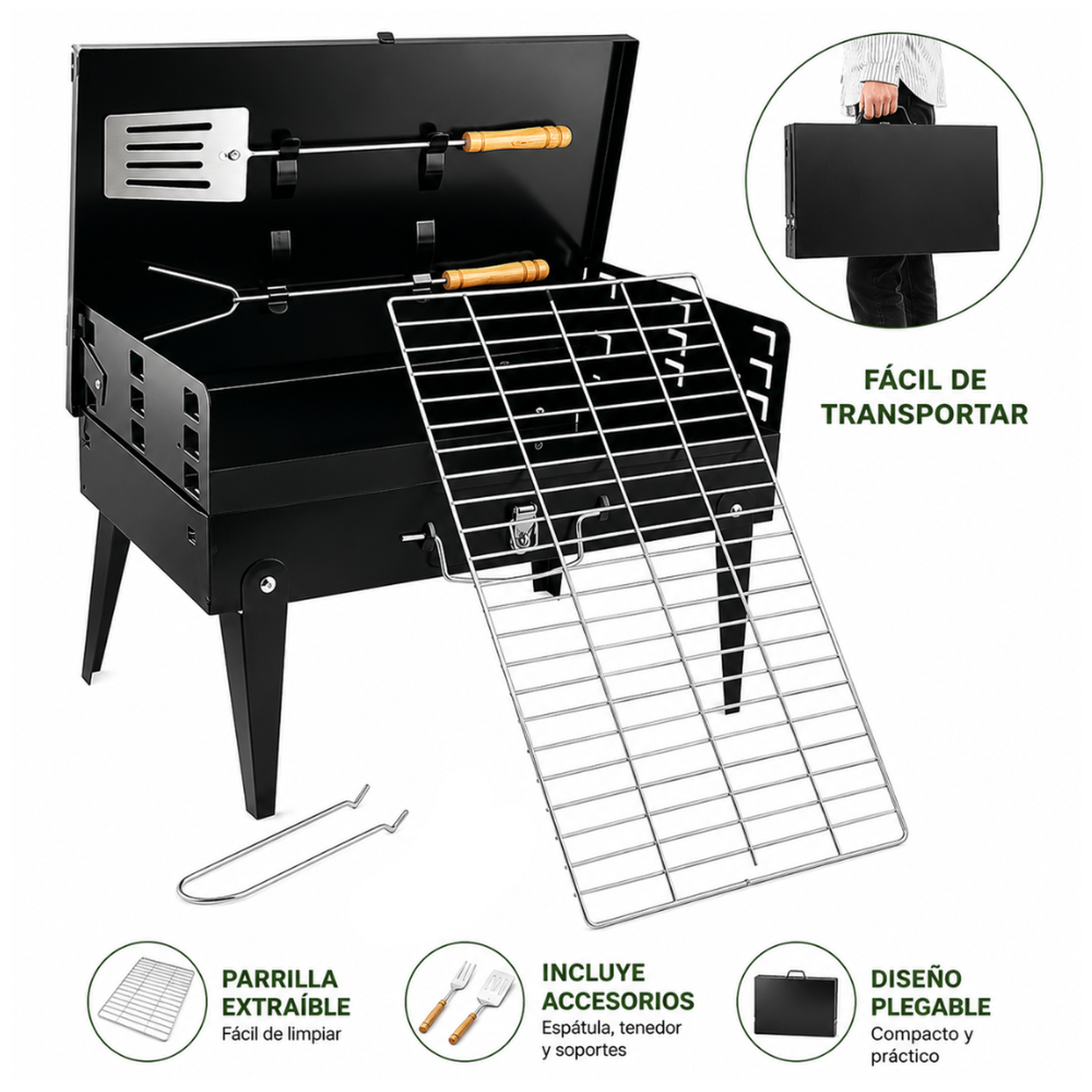 PARRILLA DE CARBÓN BBQ BARBACOA PLEGABLE PORTÁTIL TIPO MALETÍN CON UTENSILIOS PP19 - 6