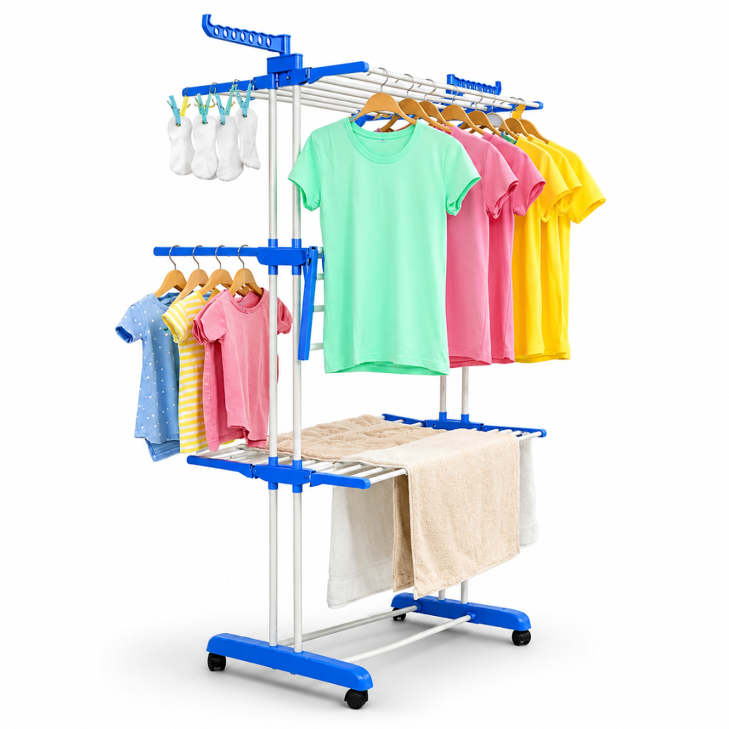TENDEDERO COLGADOR ORGANIZADOR DE ROPA PLEGABLE 4 NIVELES CELESTE 50T - 1