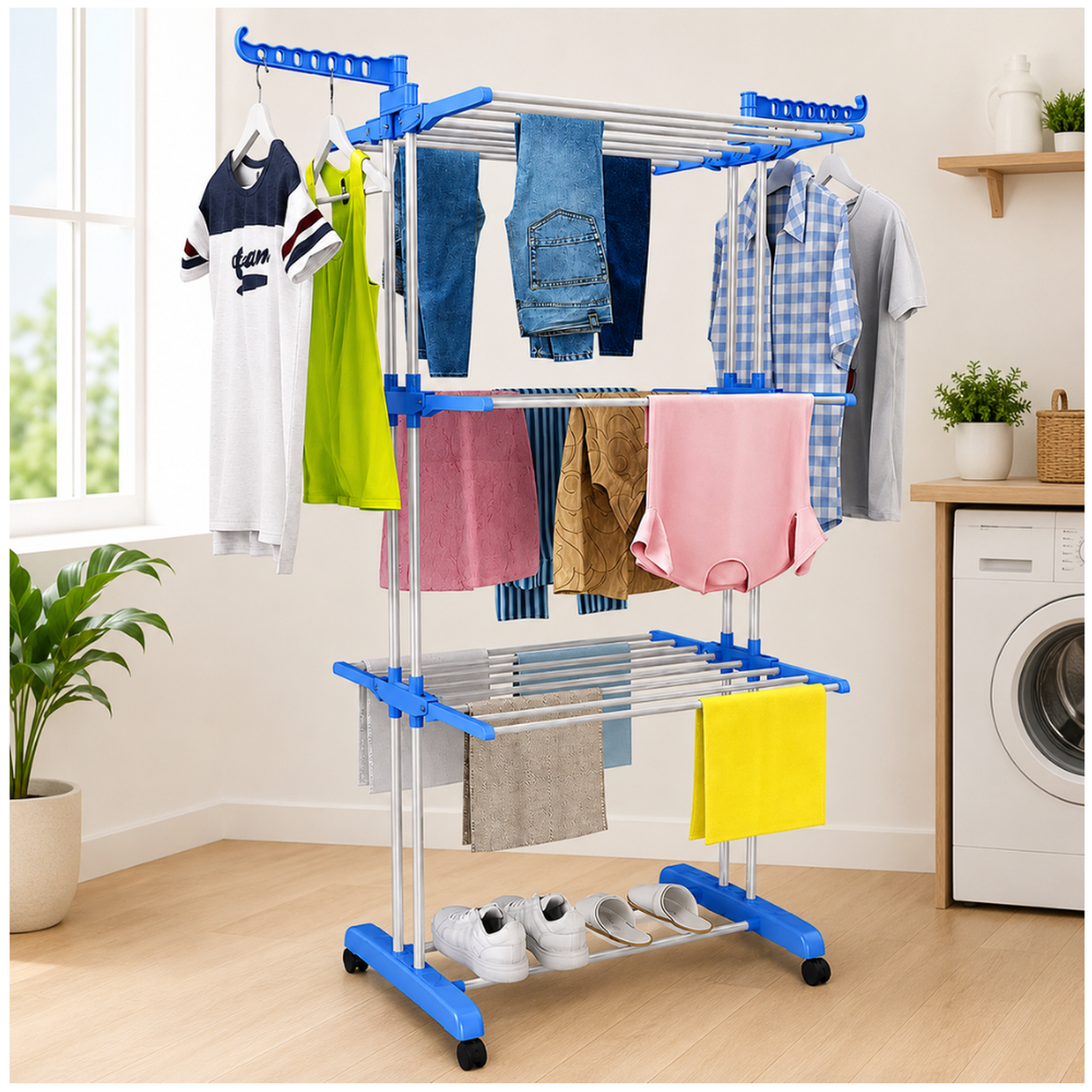 TENDEDERO COLGADOR ORGANIZADOR DE ROPA PLEGABLE 4 NIVELES CELESTE 50T - 2