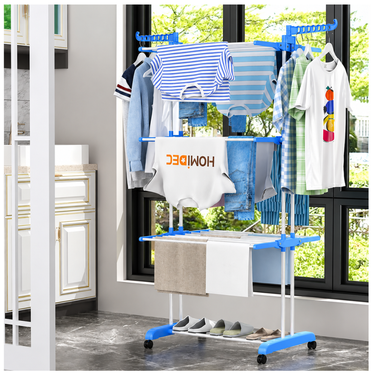 TENDEDERO COLGADOR ORGANIZADOR DE ROPA PLEGABLE 4 NIVELES CELESTE 50T - 3