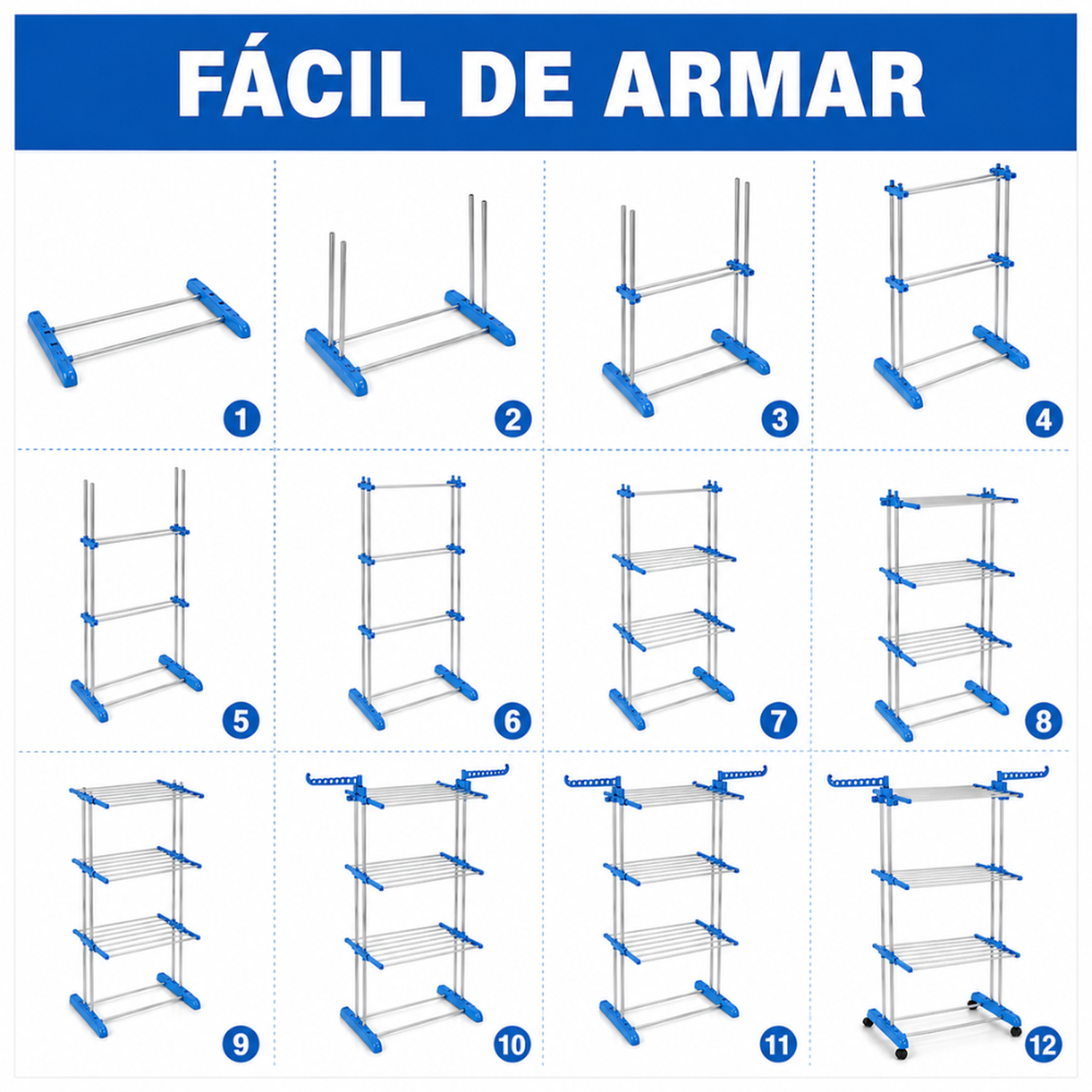 TENDEDERO COLGADOR ORGANIZADOR DE ROPA PLEGABLE 4 NIVELES CELESTE 50T - 5