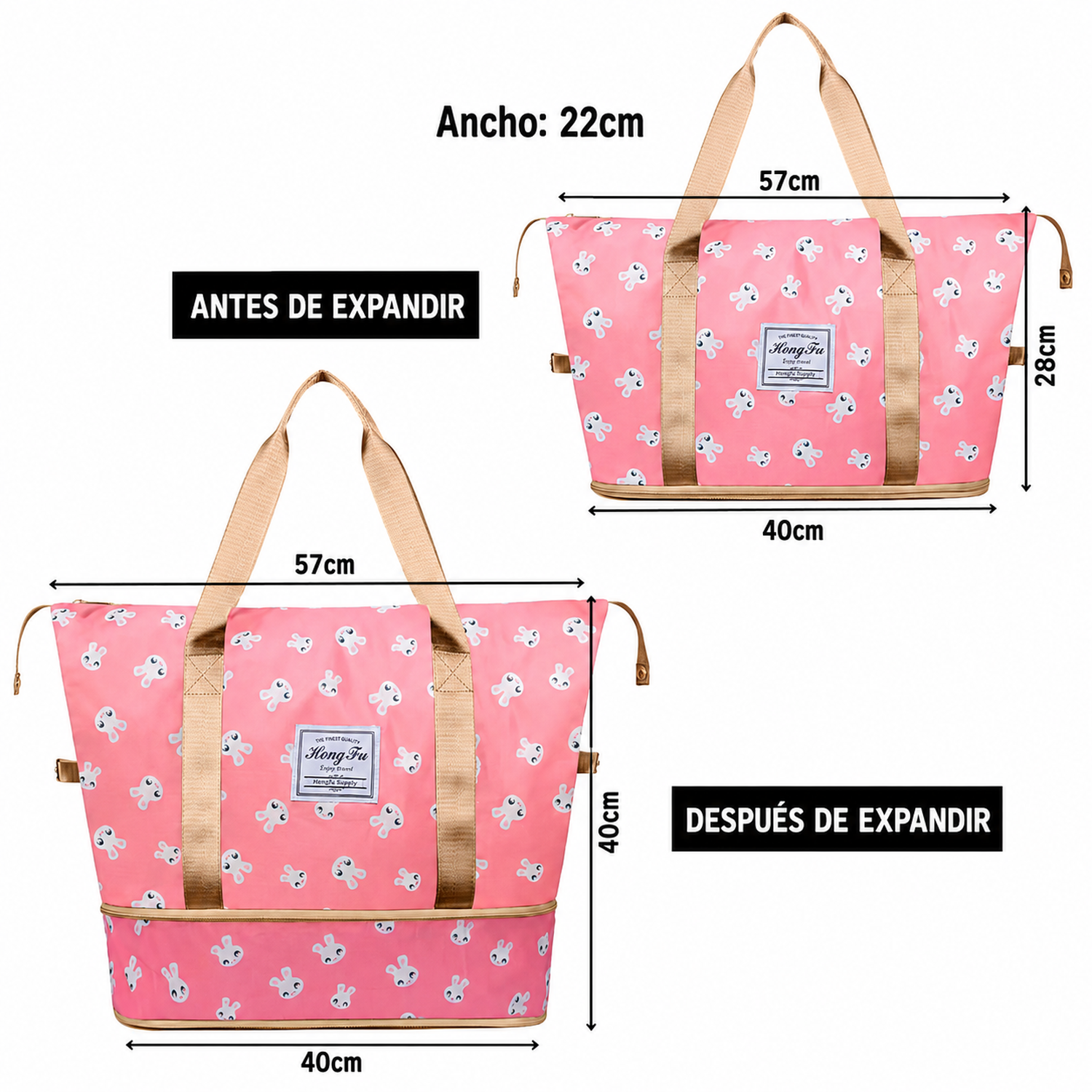 BOLSO DE VIAJE CARTERA EXPANDIBLE IMPERMEABLE ROSADO CONEJO 30B - 4