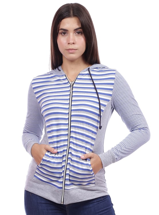 CASACA ALGODÓN MUJER AZAYU AZUL LISTADA CON CAPUCHA - 1