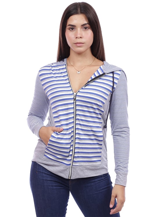 CASACA ALGODÓN MUJER AZAYU AZUL LISTADA CON CAPUCHA - 2
