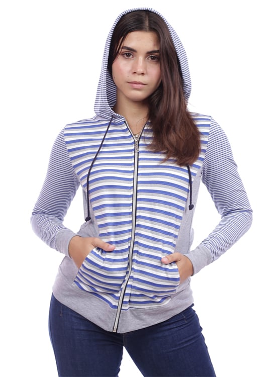 CASACA ALGODÓN MUJER AZAYU AZUL LISTADA CON CAPUCHA - 3