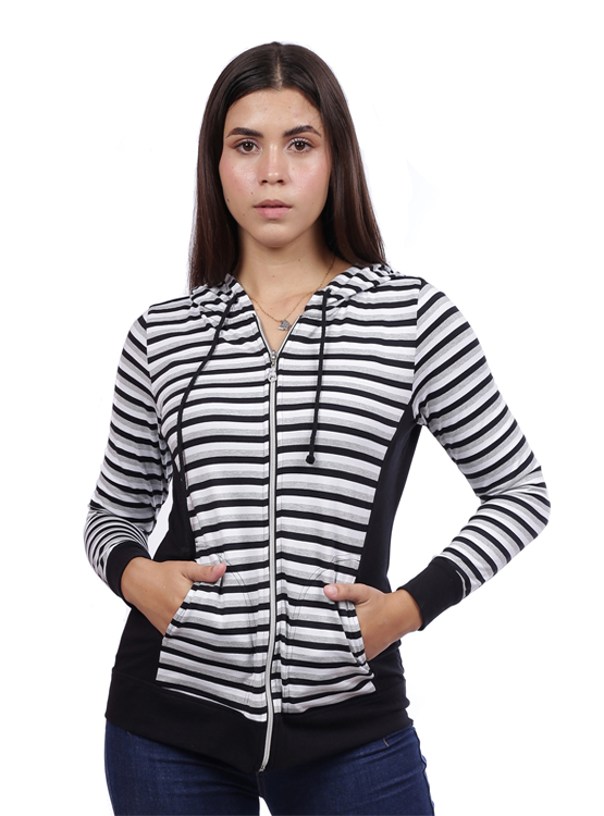 CASACA ALGODÓN MUJER AZAYU NEGRO LISTADA CON CAPUCHA - 1