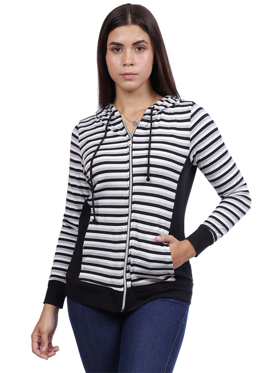 CASACA ALGODÓN MUJER AZAYU NEGRO LISTADA CON CAPUCHA - 2