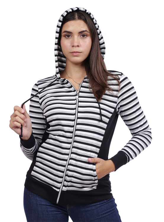 CASACA ALGODÓN MUJER AZAYU NEGRO LISTADA CON CAPUCHA - 3