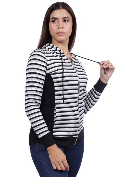 CASACA ALGODÓN MUJER AZAYU NEGRO LISTADA CON CAPUCHA - 4