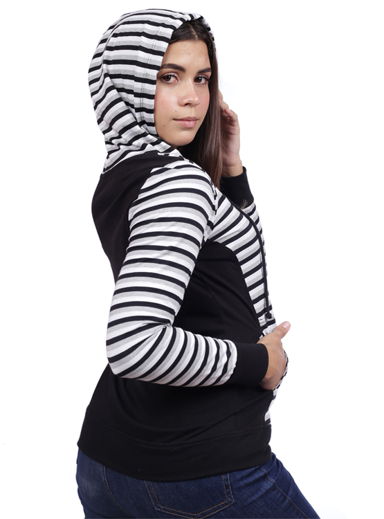 CASACA ALGODÓN MUJER AZAYU NEGRO LISTADA CON CAPUCHA - 5