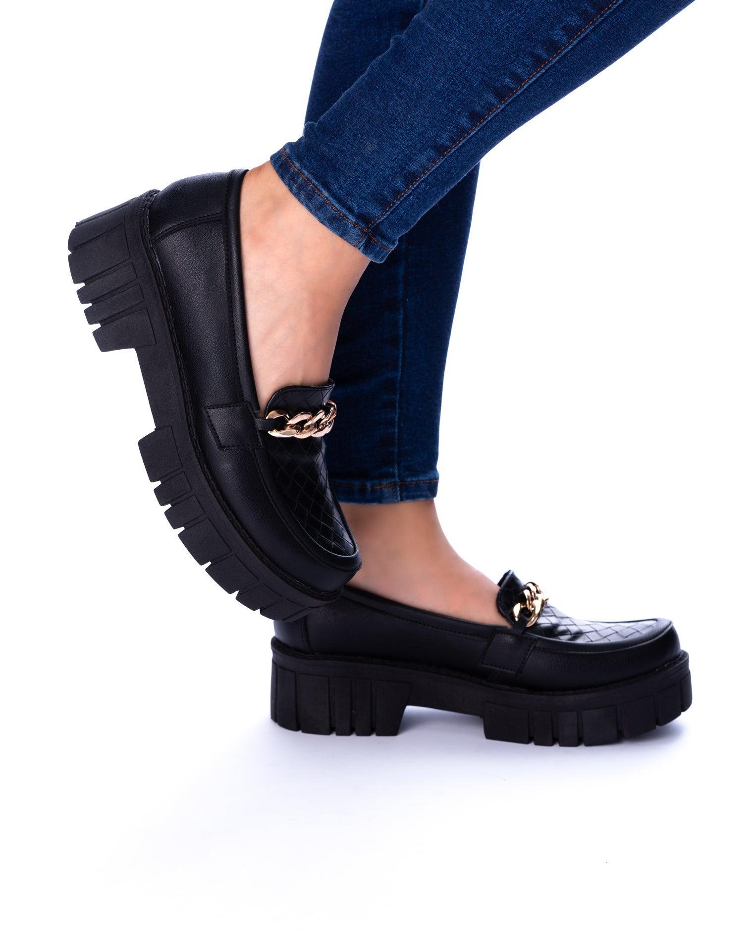 MOCASINES MUJER ANTALYA NEGRO SERPIENTE CADENA DORADA - 1