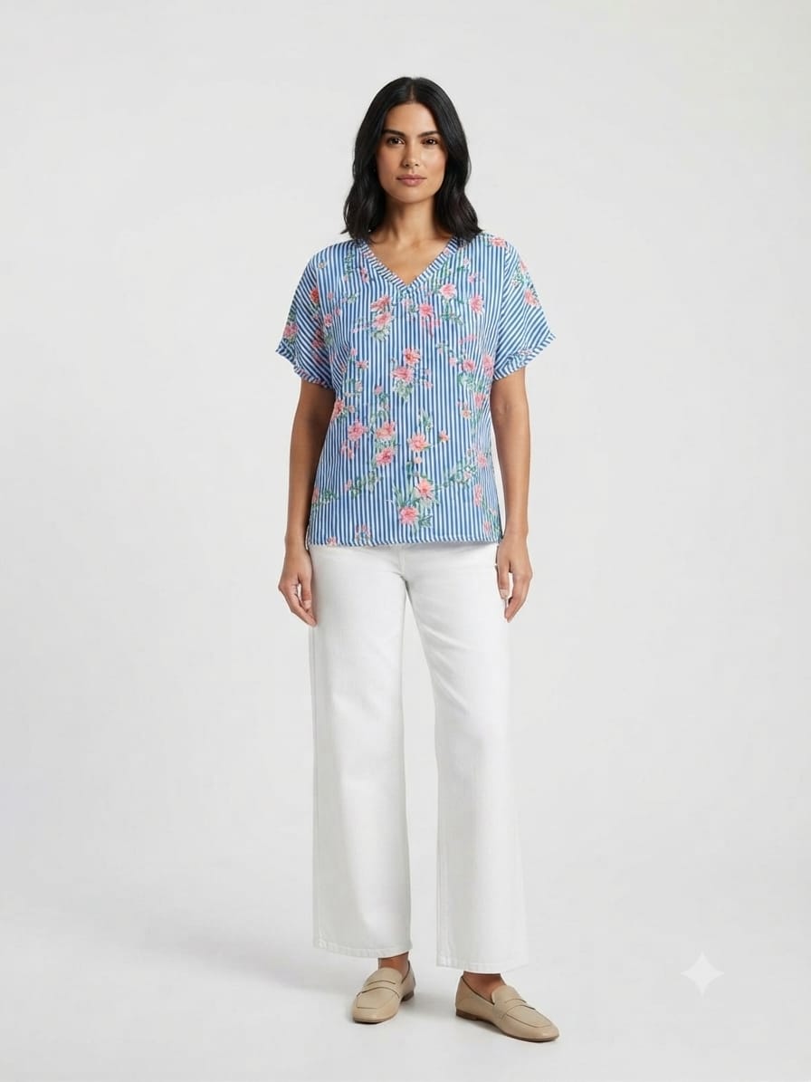 BLUSA MANGA CORTA MUJER NATHALIE LOVE IT MULTICOLOR KIMONO DISEÑO LINEAS CASUAL - 1