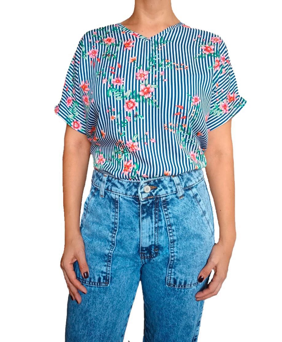 BLUSA MANGA CORTA MUJER NATHALIE LOVE IT MULTICOLOR KIMONO DISEÑO LINEAS CASUAL - 1