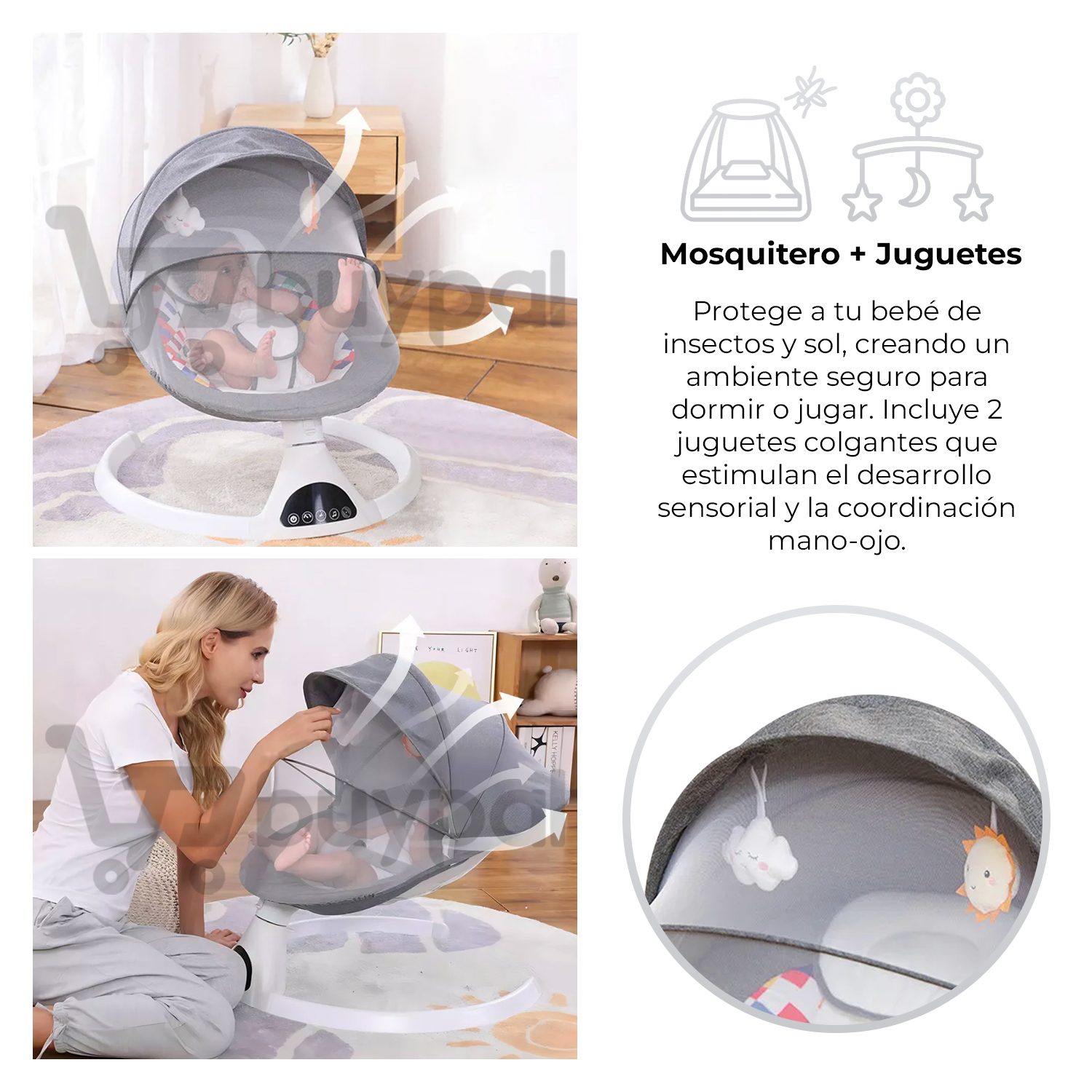 MECEDORA PARA BEBE AUTOMATICA BLUETOOTH CON MOSQUITERO GRIS - 6