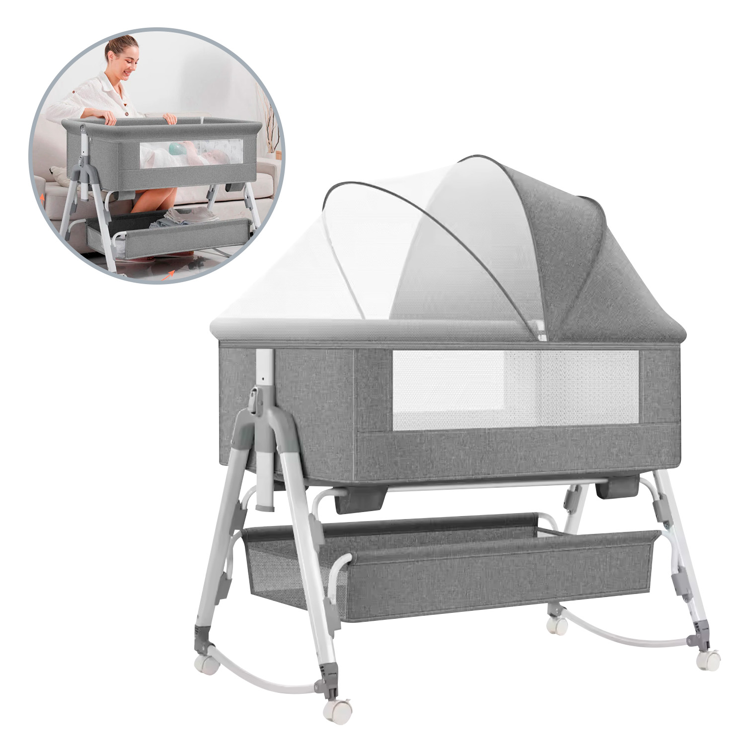 CUNA MECEDORA 4 EN 1 CON MOSQUITERO Y ALTURA AJUSTABLE. - 1