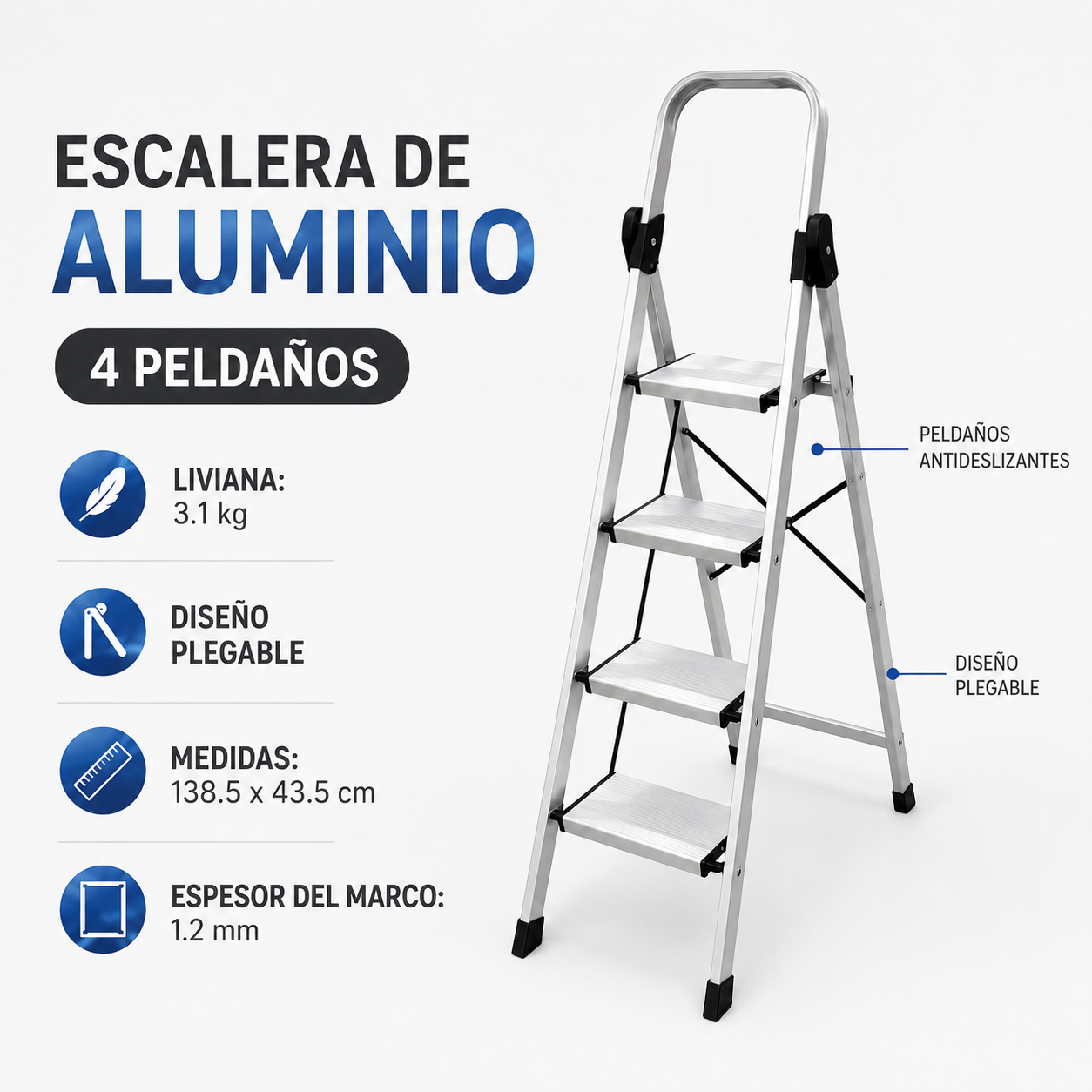 ESCALERA 4 PASOS PLEGABLE DE ALUMINIO ANTIDESLIZANTE - 3
