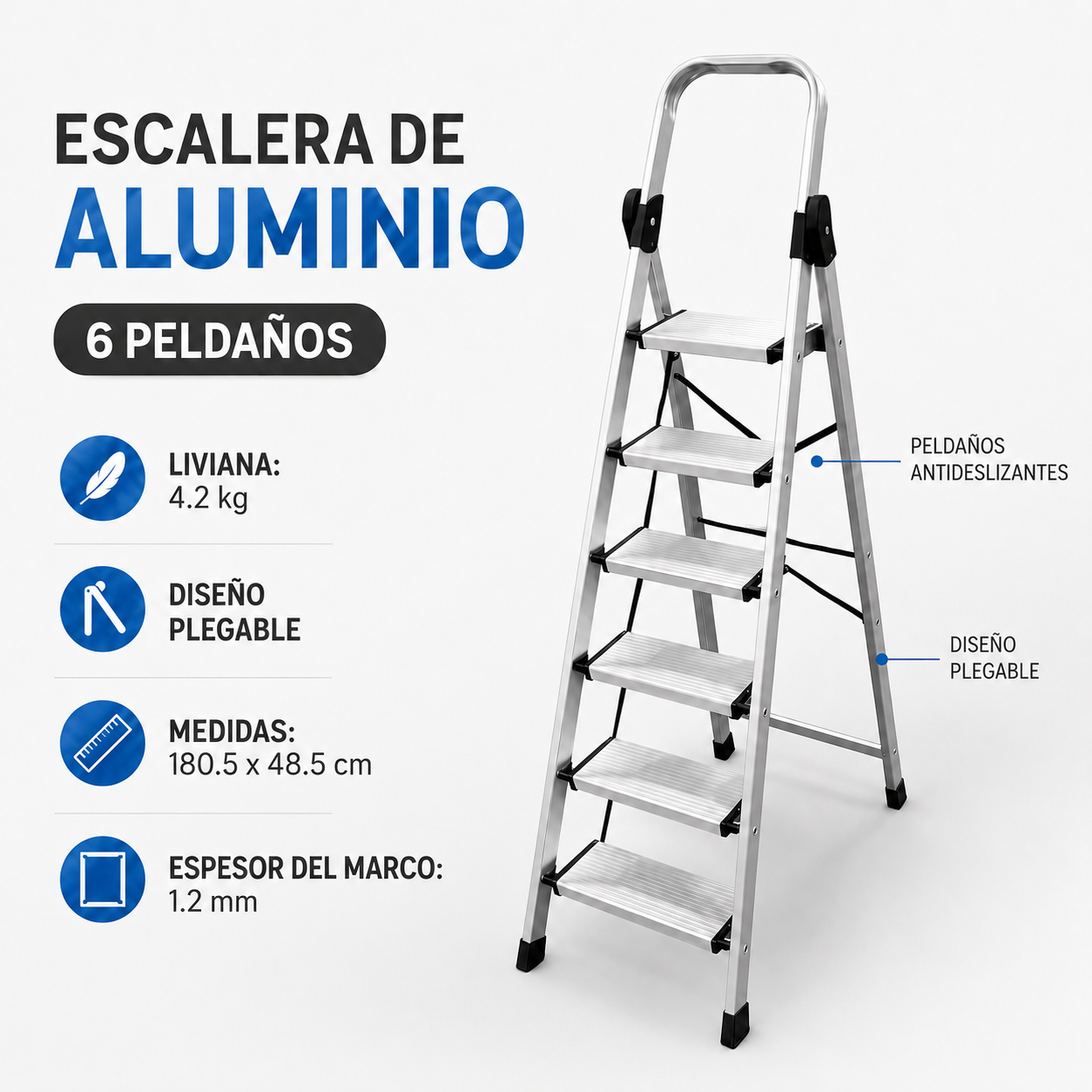 ESCALERA 6 PASOS PLEGABLE DE ALUMINIO ANTIDESLIZANTE - 3