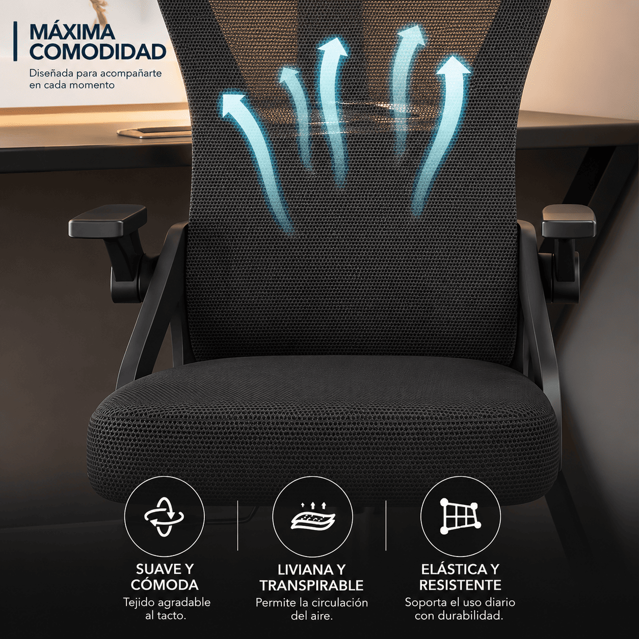 SILLA DE OFICINA ERGONÓMICA REPOSABRAZOS SOPORTE LUMBAR TRABAJO OFICINA MALLA - 3