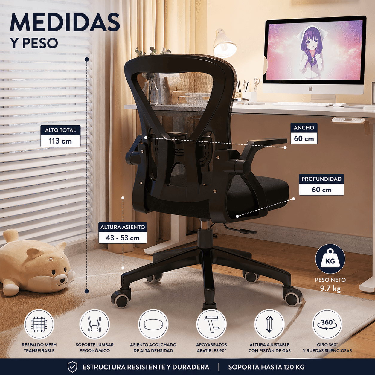 SILLA DE OFICINA ERGONÓMICA REPOSABRAZOS SOPORTE LUMBAR TRABAJO OFICINA MALLA - 4
