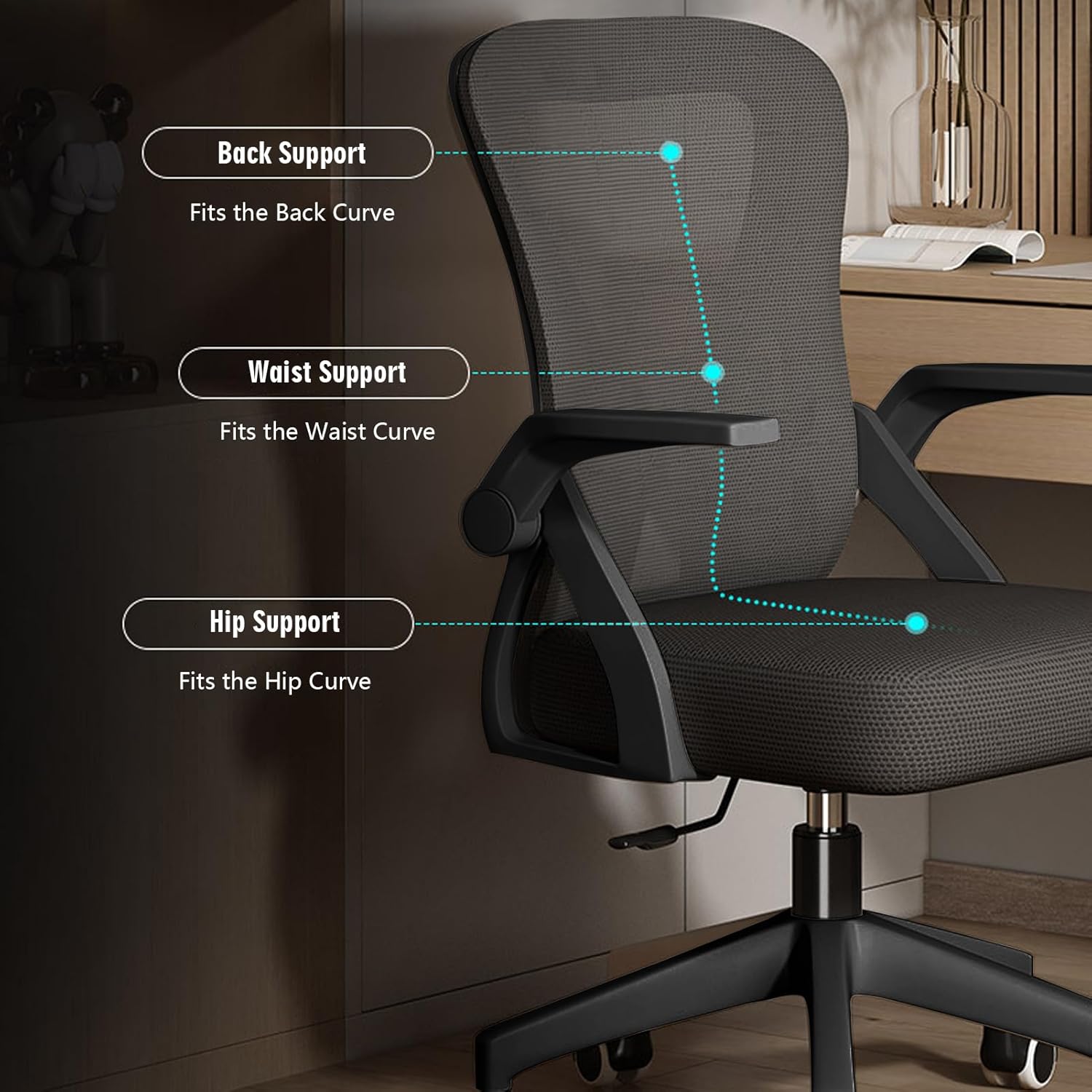 SILLA DE OFICINA ERGONÓMICA REPOSABRAZOS SOPORTE LUMBAR TRABAJO OFICINA MALLA - 7