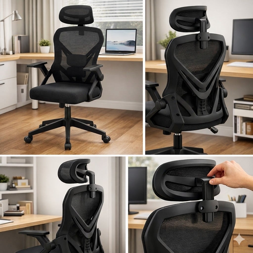 SILLA ERGONÓMICA DE OFICINA MALLA CON APOYACABEZA SOPORTE LUMBAR GIRATORIA AJUSTABLE - 2