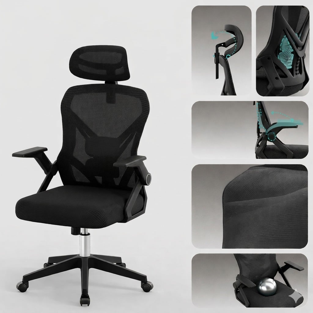 SILLA ERGONÓMICA DE OFICINA MALLA CON APOYACABEZA SOPORTE LUMBAR GIRATORIA AJUSTABLE - 4