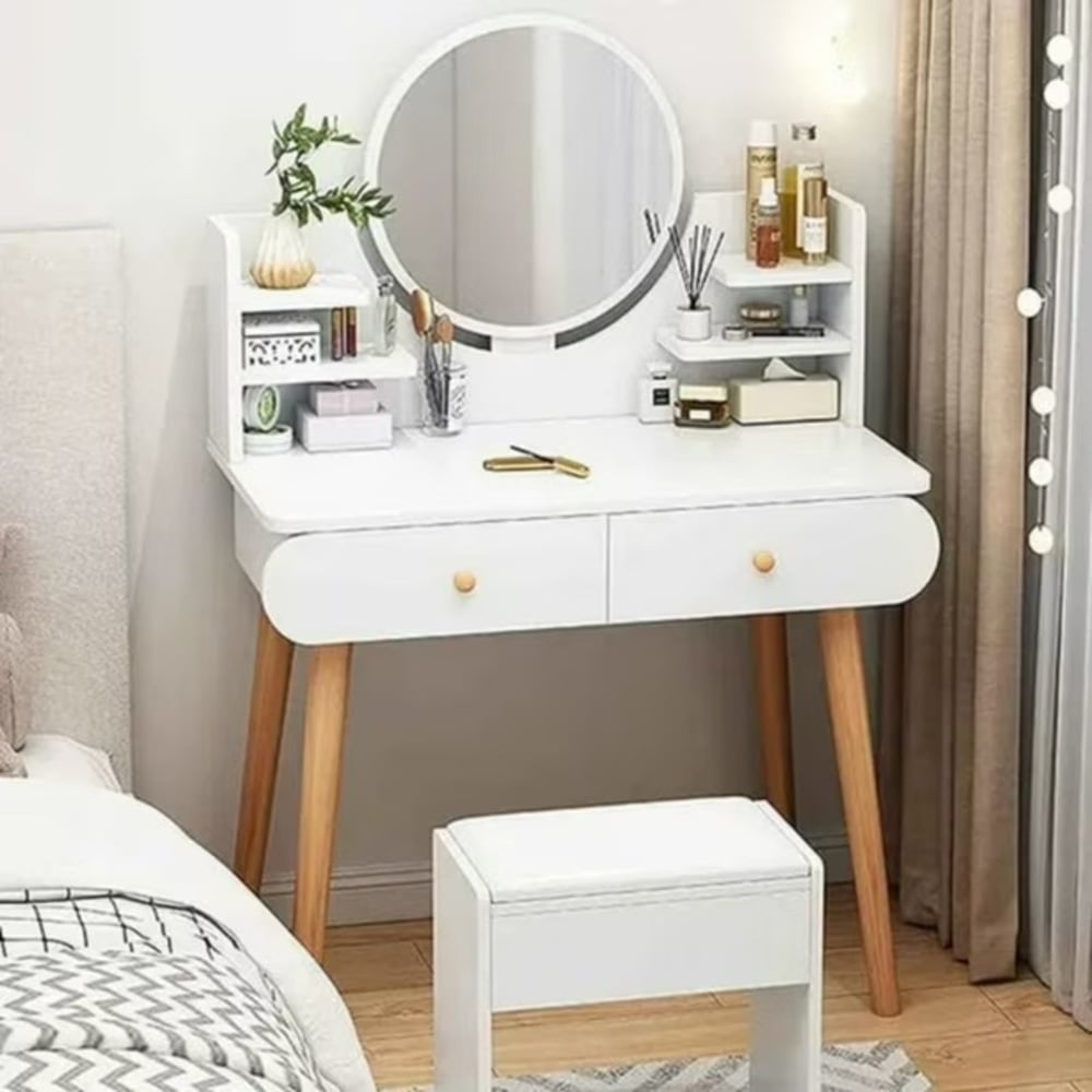 TOCADOR DE MAQUILLAJE CON ESPEJO LED 2 CAJONES MESA DE TOCADOR MODERNA - 8