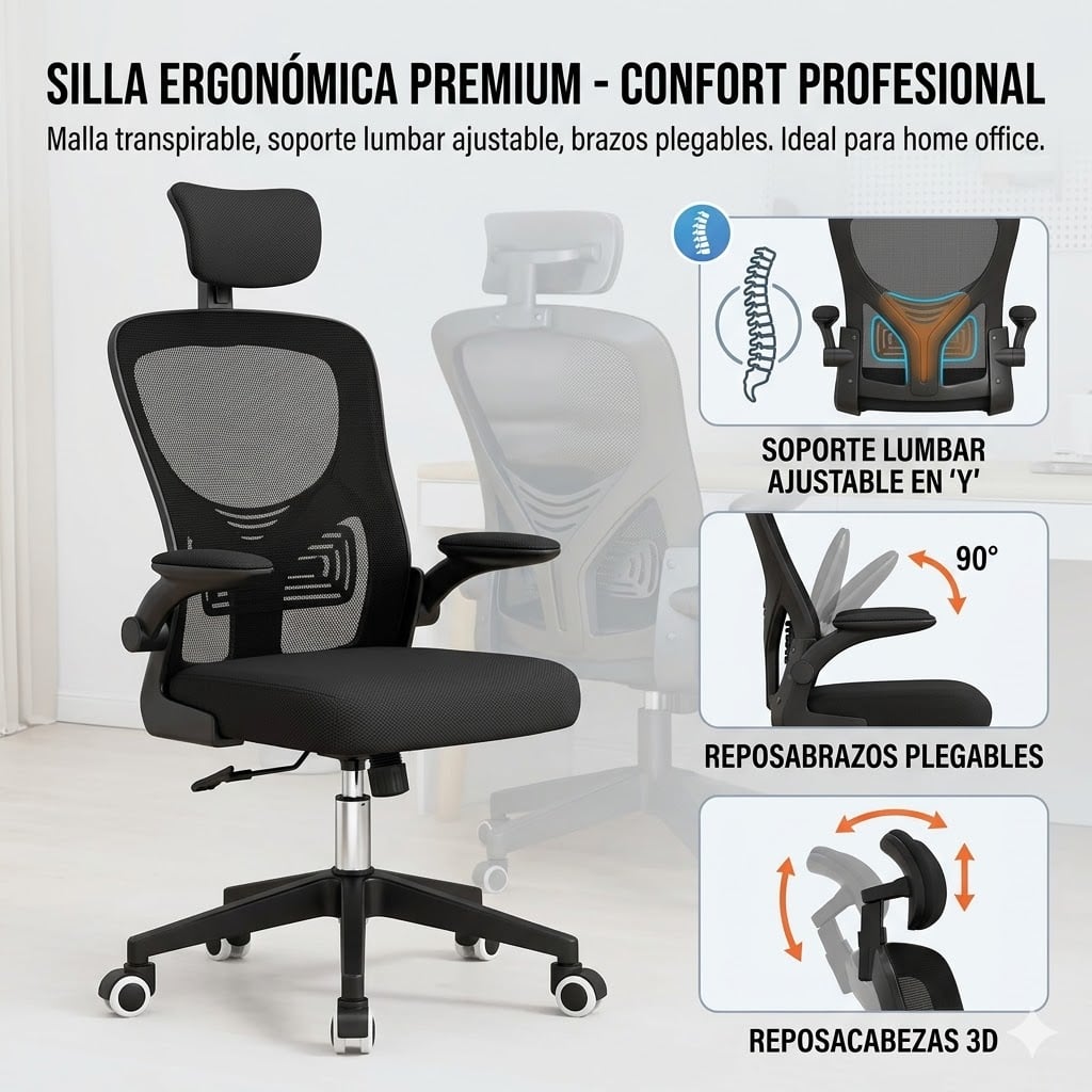 SILLA ERGONÓMICA PARA OFICINA ESCRITORIO SOPORTE LUMBAR AJUSTABLE GIRATORIA - 4